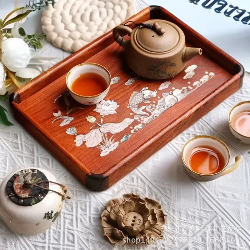 Natural Myanmar Rosewood Tea Tray Solid Wood Tenon Mortise Structure Inlaid Shell Design New Chinese Style Multi Purpose