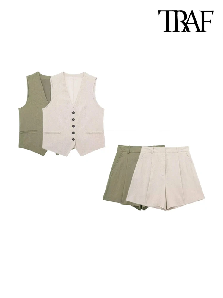 TRAF-Women's Front Button Linen Waistcoat and High Waist Bermuda Shorts, Female Two Piece Sets, Fashion