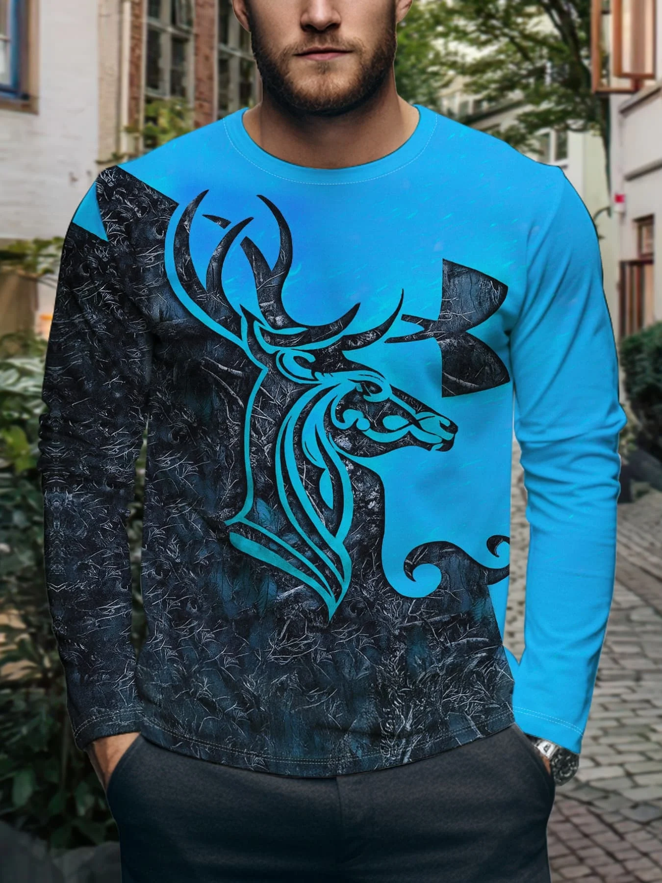 New Arrivals Vibrant Deer Skull Hunting Print Long Sleeve T Shirt Unisex Crew Neck Non Casual Top for Outdoor Wilderness Hunting