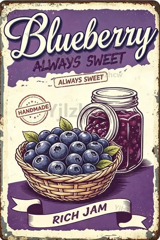 Rustic Farmhouse Blueberry Metal Tin Sign  , Vintage Handmade Fruit Jam Wall Poster, Antique Distressed Metal Wall Art for Ki