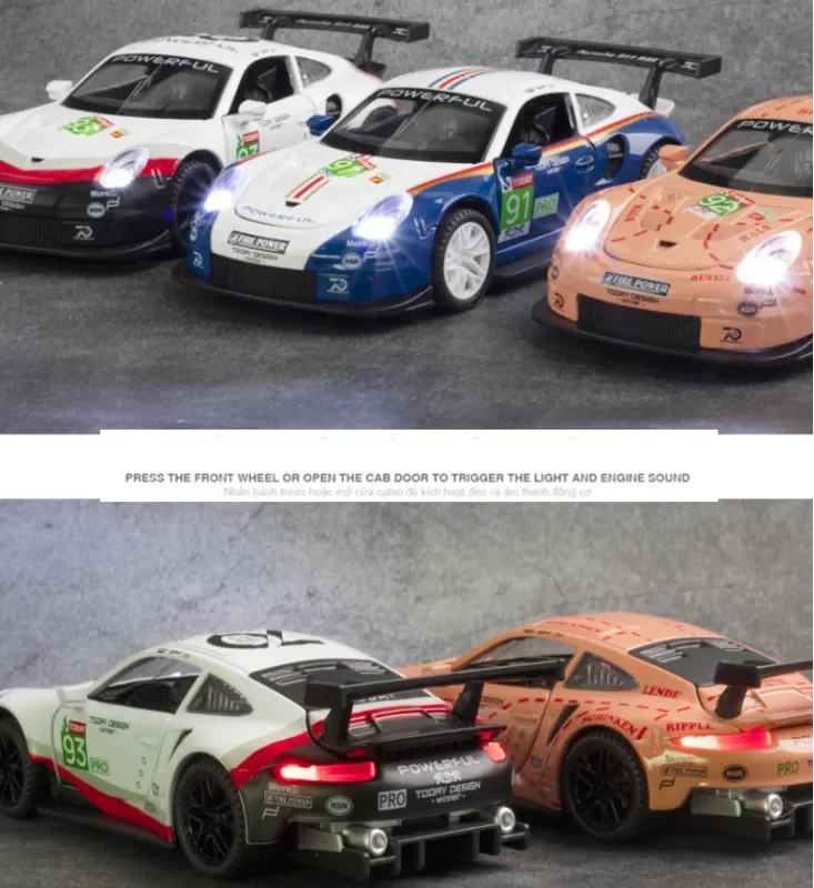 1:32 Porsche 911 RSR Alloy Car Model Sound and Light Pull Back Collection Diecast Vehicles Car Toys for Kids