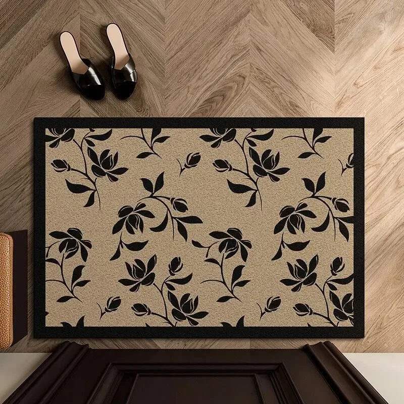 Retro Botanical Flower Frame PVC Loop Doormat Cuttable Dirt Scraping Non Slip Easy Clean Entrance Rug Hallway Indoor Home Decor