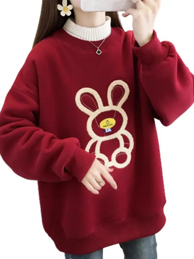 Felpa con cappuccio Thiened in pelliccia di agnello da donna di grandi dimensioni 300 Pou lavorata a maglia collo semi-alto Faionable Top di media lunghezza alla moda