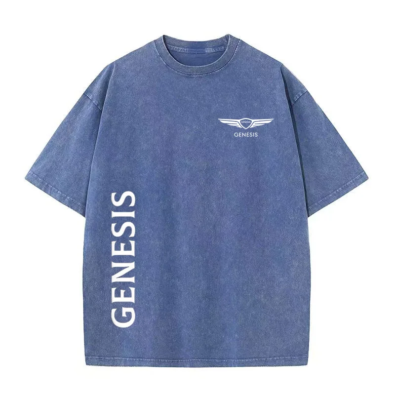 

2025 New Genesis Men's Washed T-shirt Retro Printed Street Hip Hop Retro T-shirt Casual Cotton Short Sleeve Pickled T-shirt Top