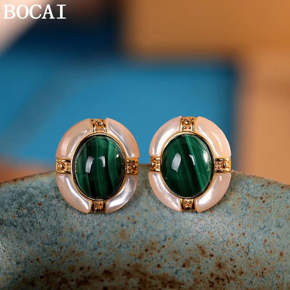 

BOCAI NEW S925 Silver Fashion Light Luxury Gold Plated Set with Peacock Stone Shell Earrings Women's Gift