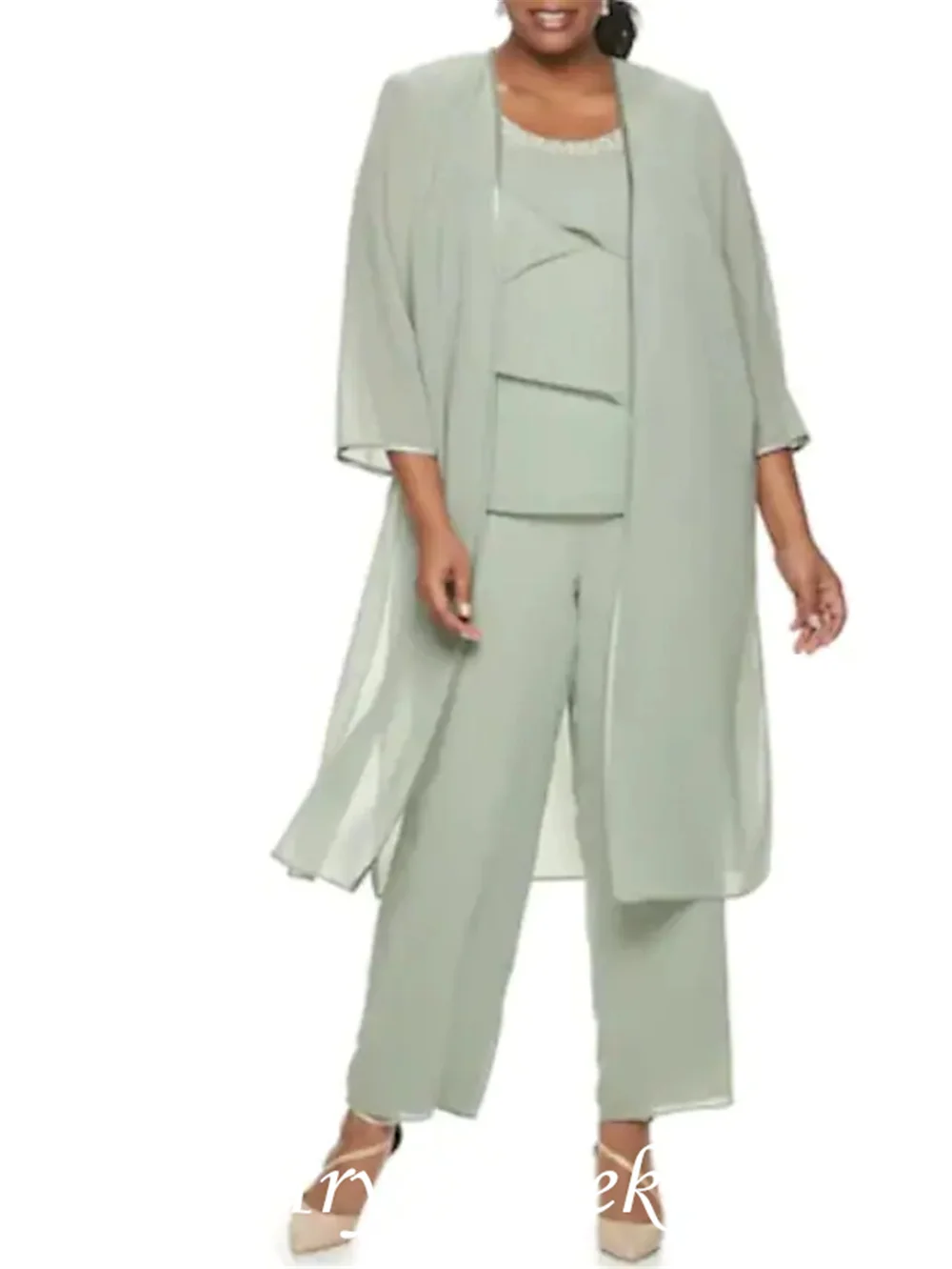 Jumpsuit Moeder Van De Bruid Jurk Plus Size Elegant Hals Enkellange Chiffon 3/4 Lengte Mouw Met Kralen Tier