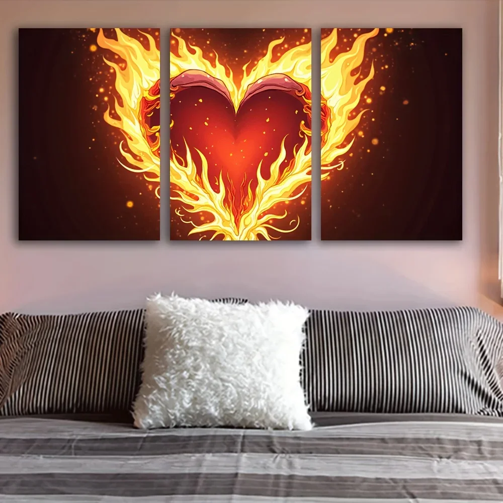 2D Flat 3pcs frameless , ,  Painting, a Set of Three  2D Canvas Walls Art, with a Vibrant Bright Orange And Red Burnin
