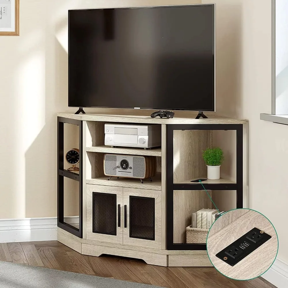 50-inch corner TV stand with electrical outlets, entertainment center TV media console with 6 open storage shelves