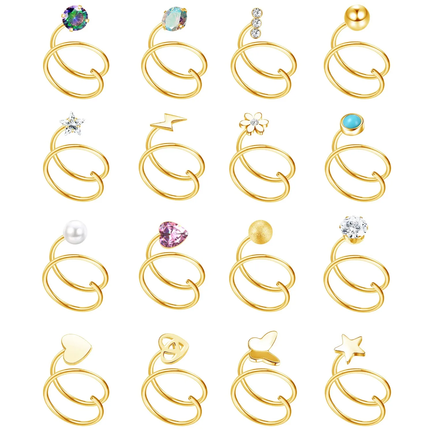 Bobisty 16 قطعة حلقة الأنف المزدوجة هوب مجموعة للنساء 20 جرام الفولاذ المقاوم للصدأ دوامة ستار اللؤلؤ تشيكوسلوفاكيا فراشة الأنف الدائري ثقب المجوهرات