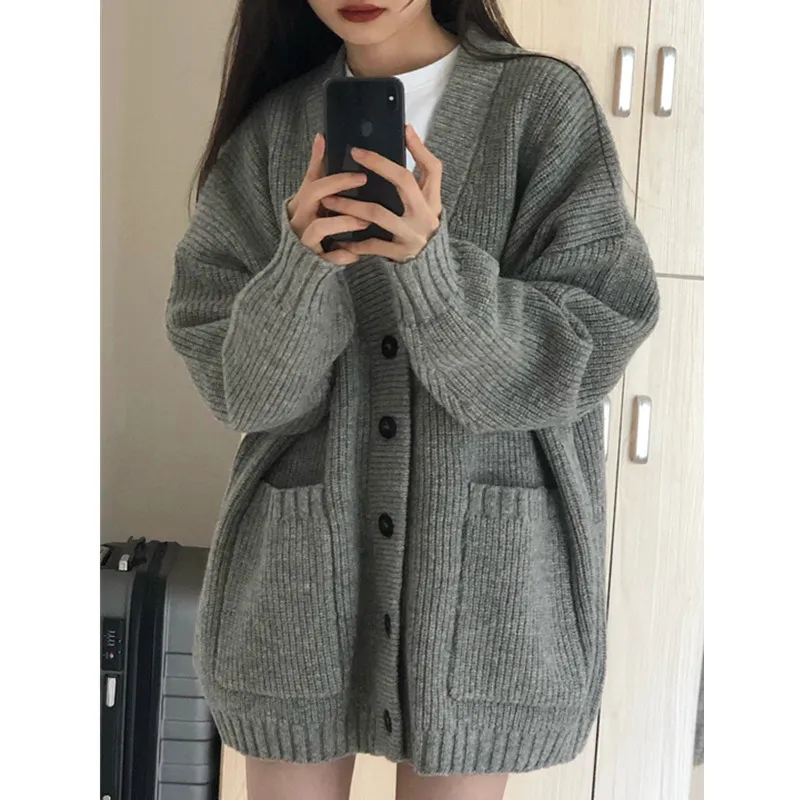 

ay Knitted Sweater Coat Women's Loose Sle Autumn Winter New Arrival Soft Cozy Japanese Lazy Vintage Single Button V-Ne