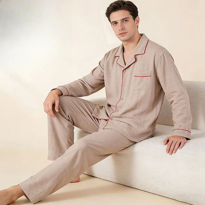 Japanese Style Men's 100% Cotton Loungewear Pajama Set Soft Breathable Sleepwear Button Front Shirt & Pants Loungewear Suit