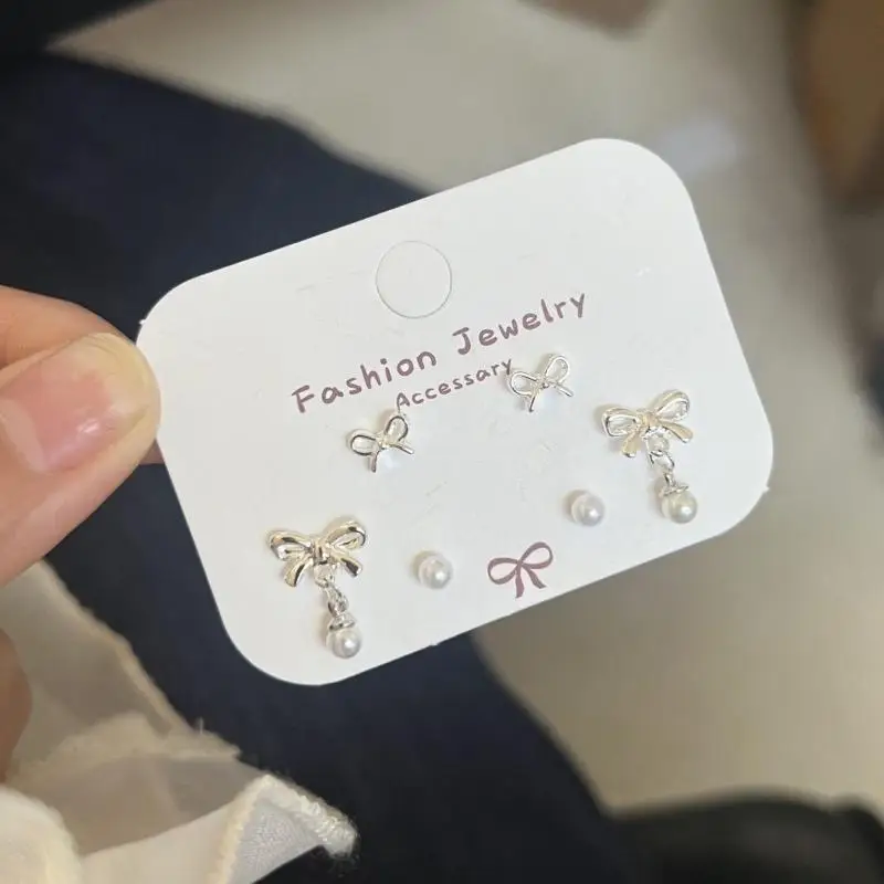 3 Pairs Silver Bow Pearl Stud Earrings Set Hypoallergenic Lightweight Jewelry for Daily Wear Dates Parties Gift for Women