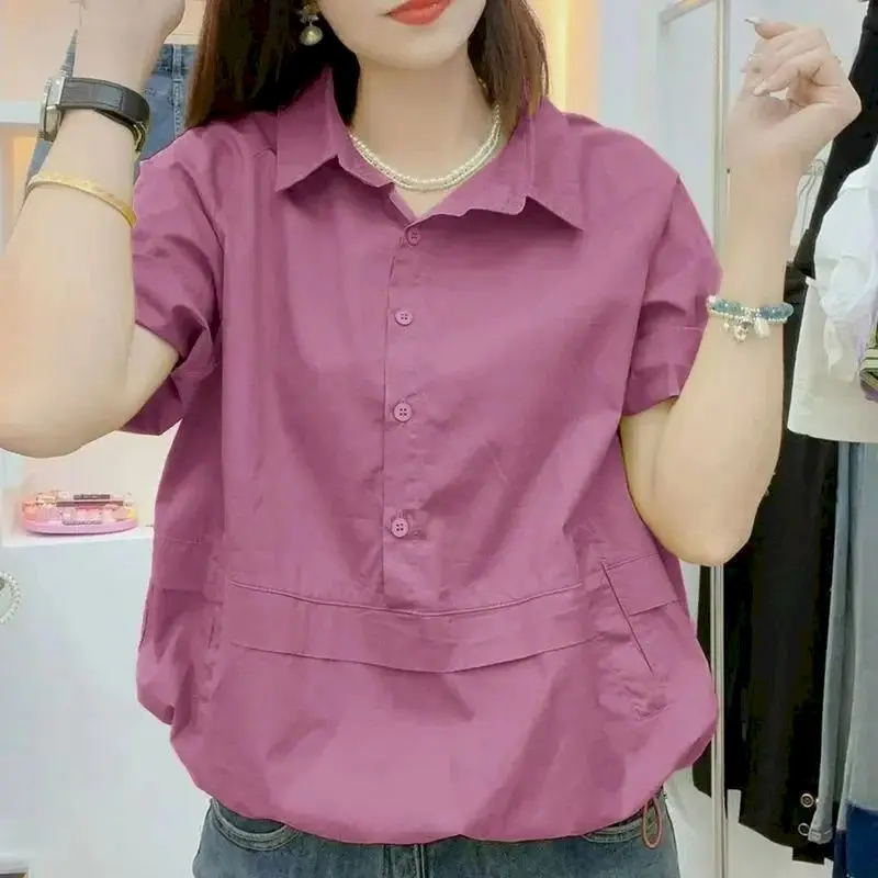 Polo Shirt Tshirt Women Short Sleeve Blouse Loose Oversized Slim Solid Color Lapel Casual Top 2024 Summer Trend Artistic Tshirts