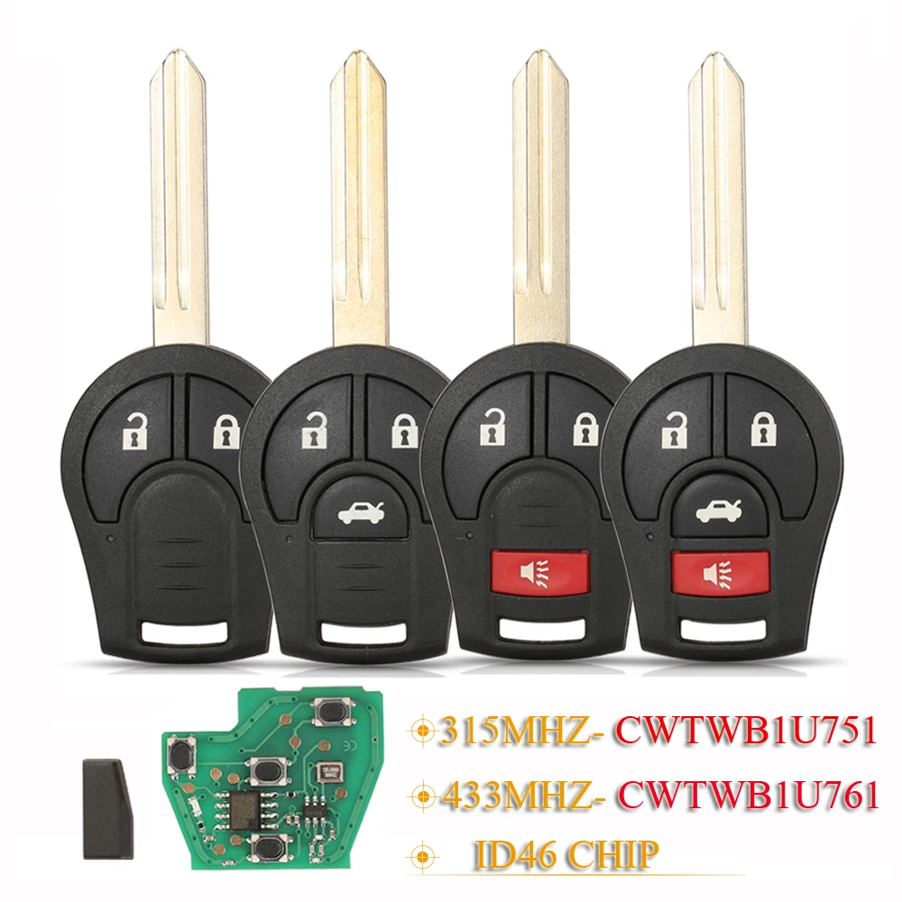 

jingyuqin 2/3/4B Remote Car Key 315/433MHZ ID46 For Nissan Keyless Entry 46 Chip Fob Transmitter CWTWB1U751 TWB1U761 H0561-C993A