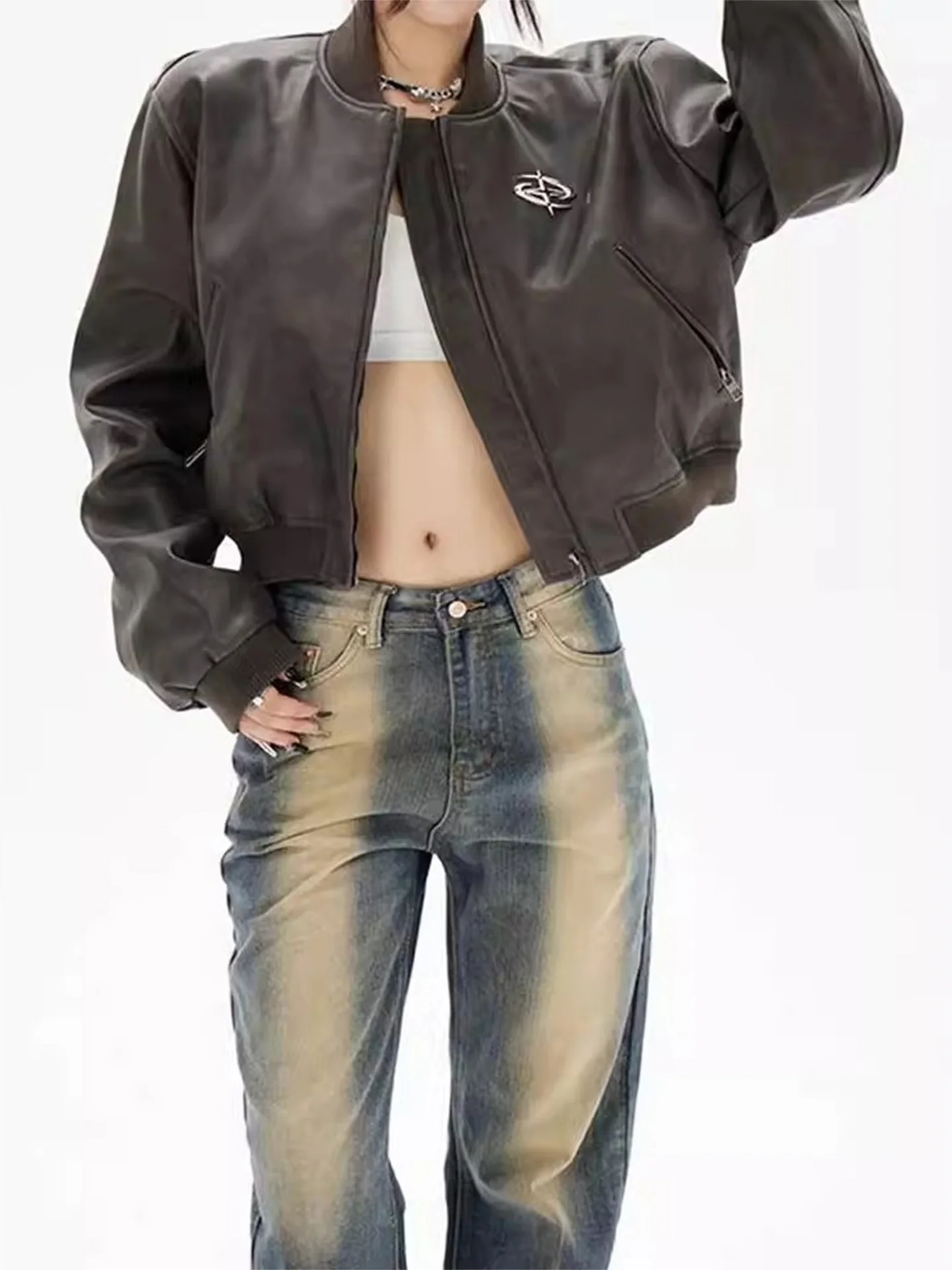 American sle ort beisebol jaet feminino início do outono novo retro high-end casaco de couro do plutônio suporte superior ajuste commute sle