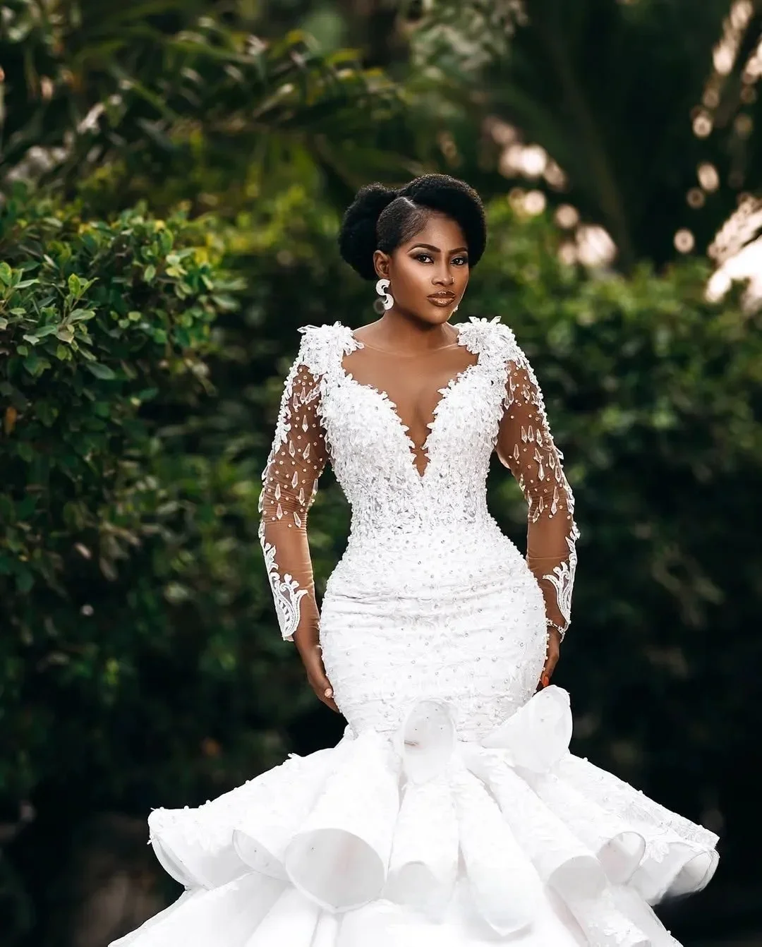 Abito da sposa a sirena taglie forti personalizzato Abiti da sposa per la sposa maniche lunghe a strati pura illusione maniche lunghe in rilievo