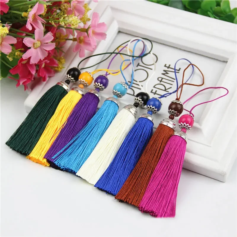 2pcs/lot 18cm Silk Tassel Fringe Brush Sling with Acrylic Beads Pendant for Sew Curtains Jewelry Accessories DIY Wedding Decor