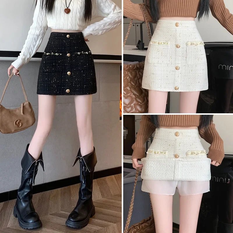 New Fashion Women Autumn Winter Versatile Slim High Waist Tweed Short Skirt Small Fragrant Style Single Breasted A-Line Beaded S