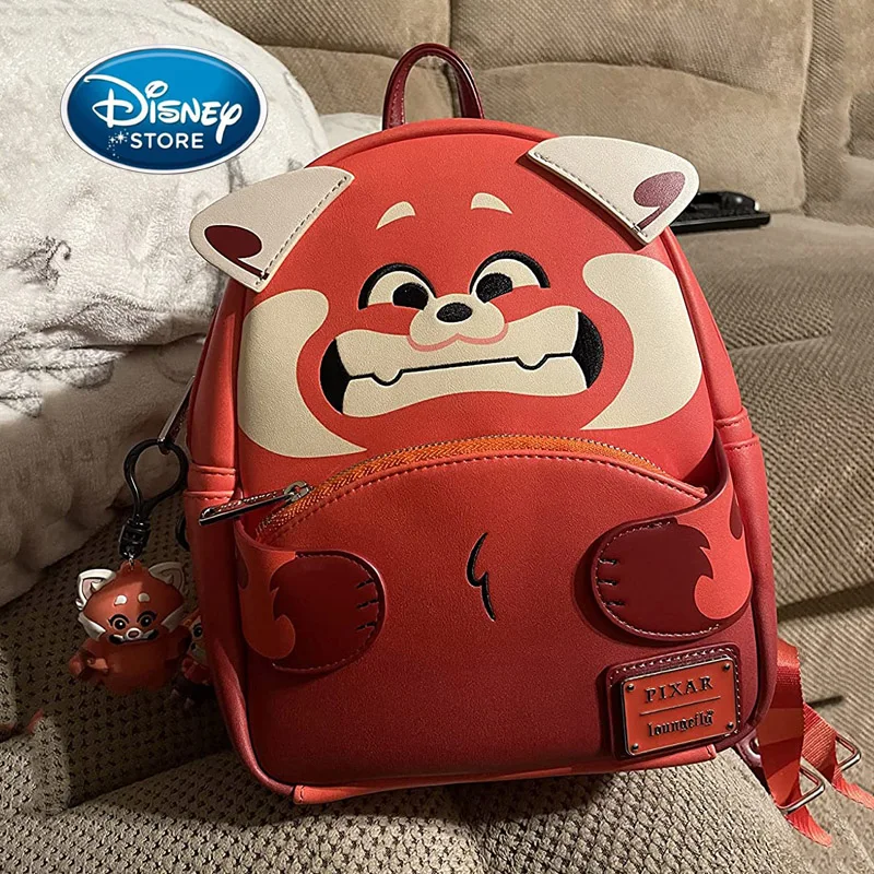 Disney Pixar Turning Red Cosplay Womens Double Strap Shoulder Bag Cartoon Red Panda Girl PU Zipper Backpack Birthday Gift