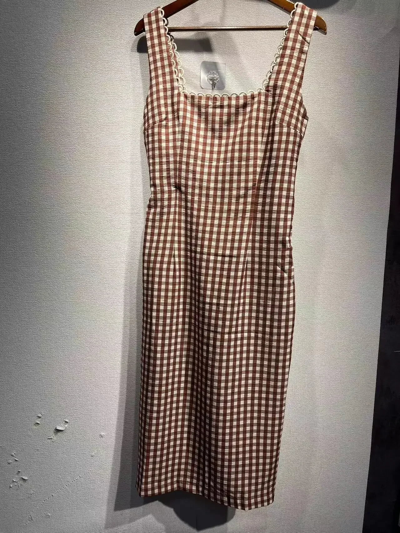 Sling Kleid für Frauen 2024 neue Frühling Sommer Plaid quadratischen Kragen hohe Taille schlanke A-Linie zurück Schnürung süße ärmellose Robe