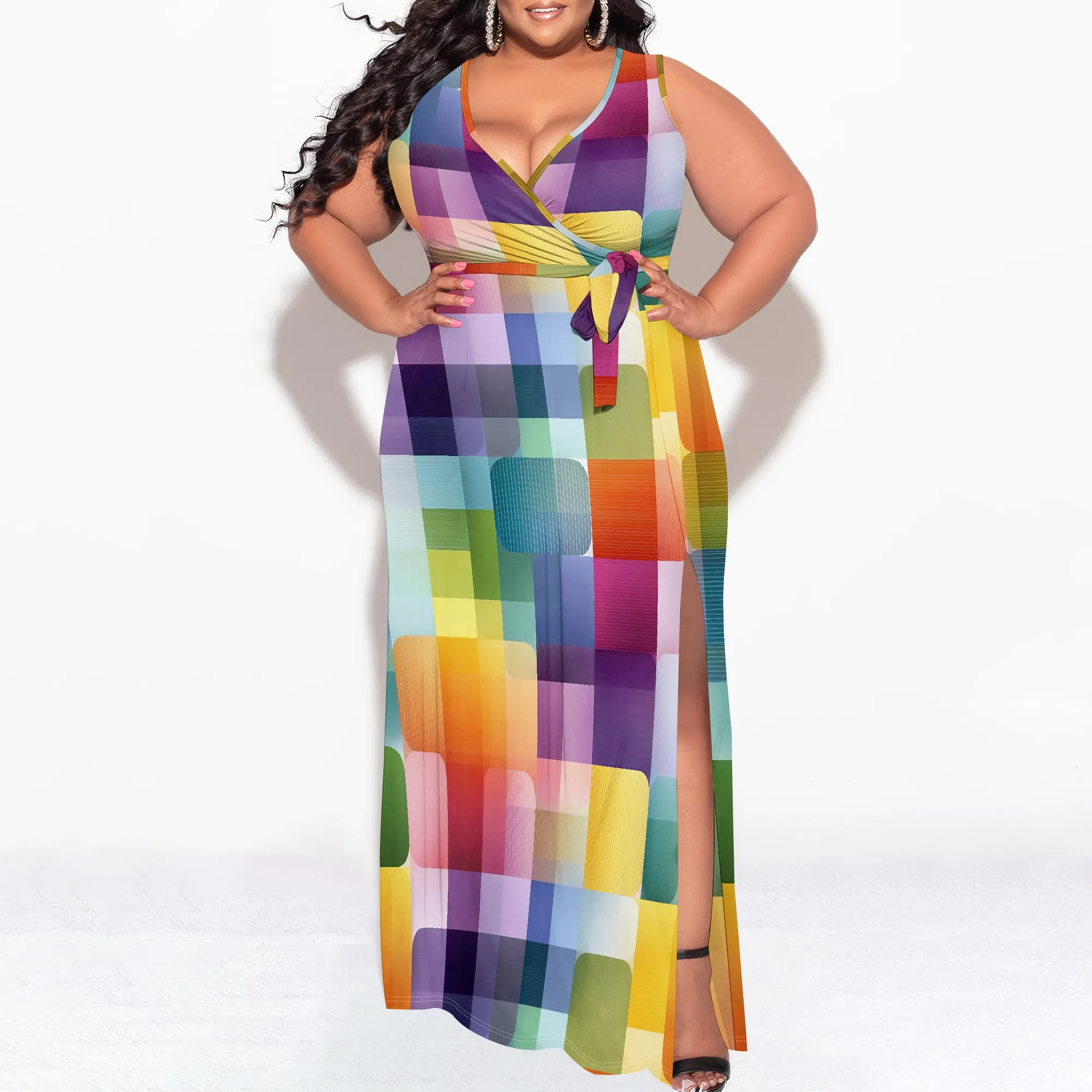 

Rainbow Grid Print Maxi Dress XL-6XL – Sleeveless Wrap V-Neck Split Gown for Women Pride Month or Colorful Summer Look