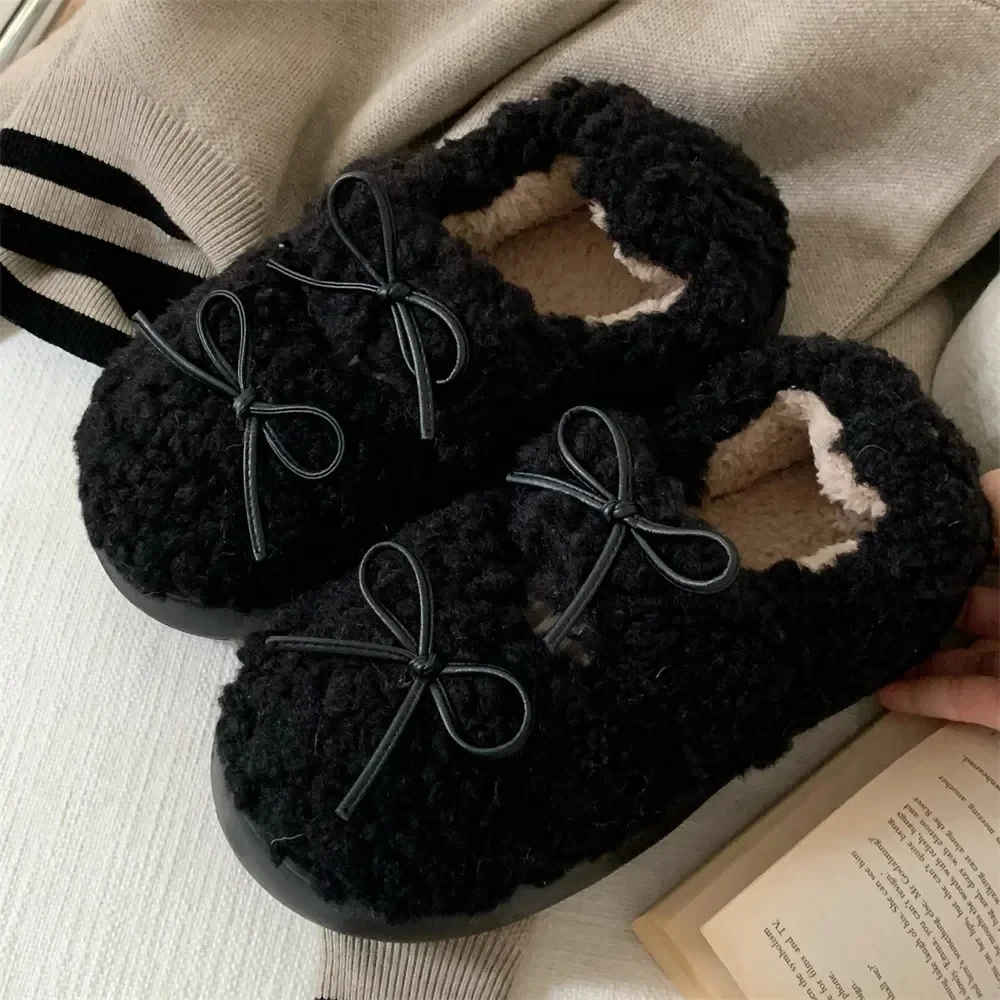 

Bow Knot Home Cotton Shoes Indoor Warm Anti Slip Cosy Slippers Korean Outdoor Women Plush Cotton Shoes Winter Ladies Shoes