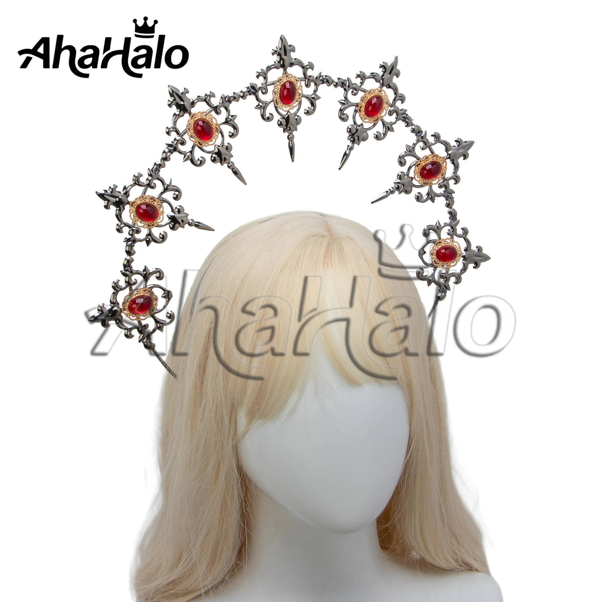 Gothic Red Gem Halo Crown Vintage Metal Spiked Mary Headpiece Goddes Tiara Crown for Cosplay Wedding Halloween Party Photo Shoot