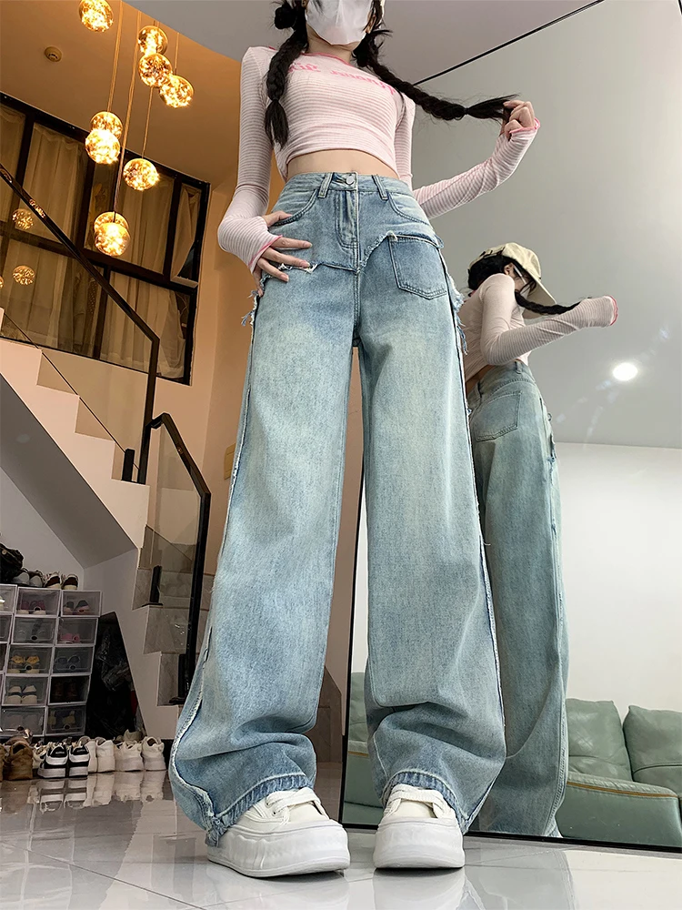 

American Style High Waist Loose Wide Leg Denim Jeans Women's Autumn New plus Size Torn Slim Straight Long Pants