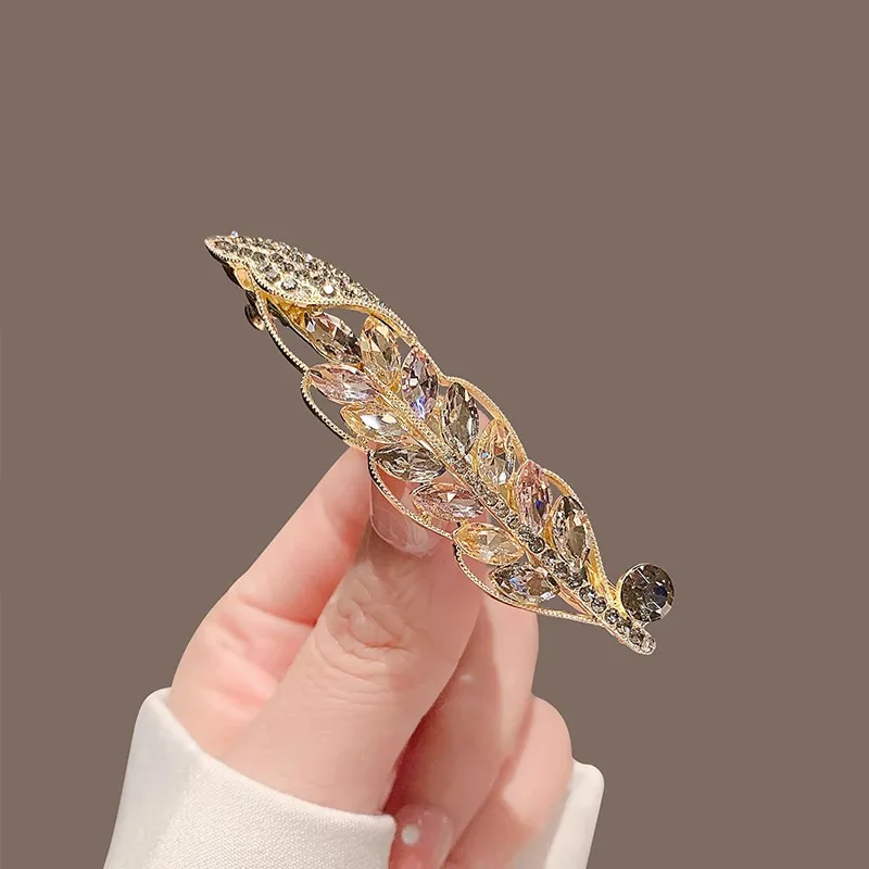 Women Leaf Rhinestone Hair Barrette, Gold Tone Wheat Branch Crystal Hair Clip, Elegant Leaf Hairpin for Daily Hair Accessories