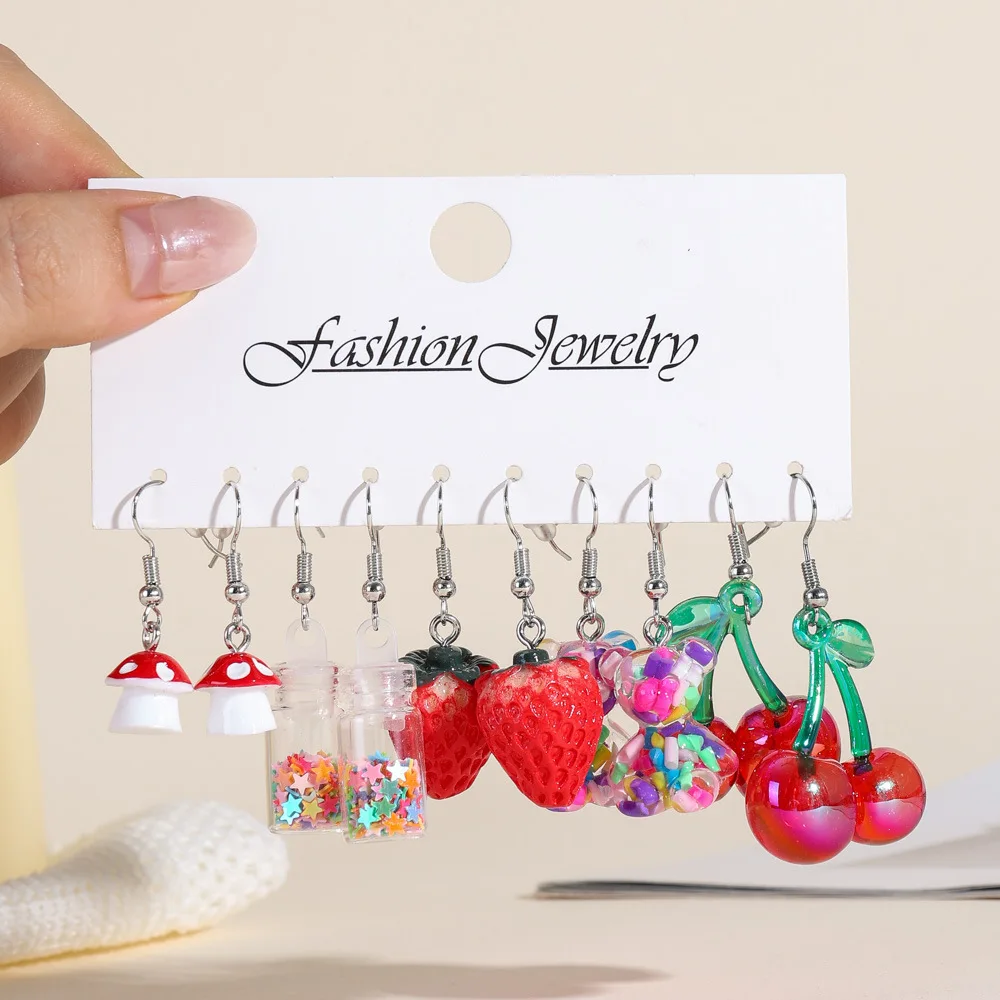 European American New Fruit Earrings Set Resin 3D Simulation Cherry Strawberry Daily Earrings