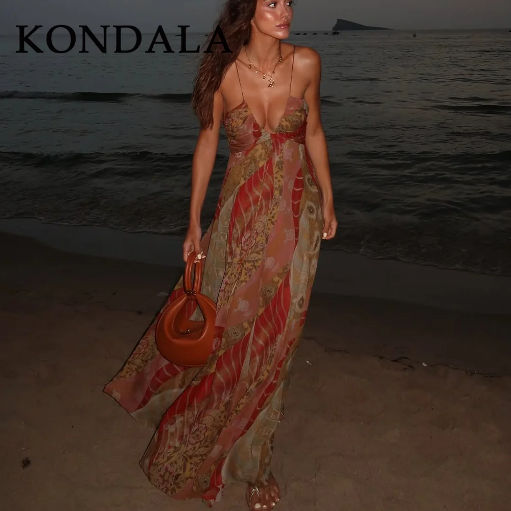 KONDALA 2025 فساتين نسائية لربيع وصيف مثيرة مطبوعة موضة مستقيمة بدون ظهر رسن بدون أكمام فساتين طويلة أنيقة للسيدات