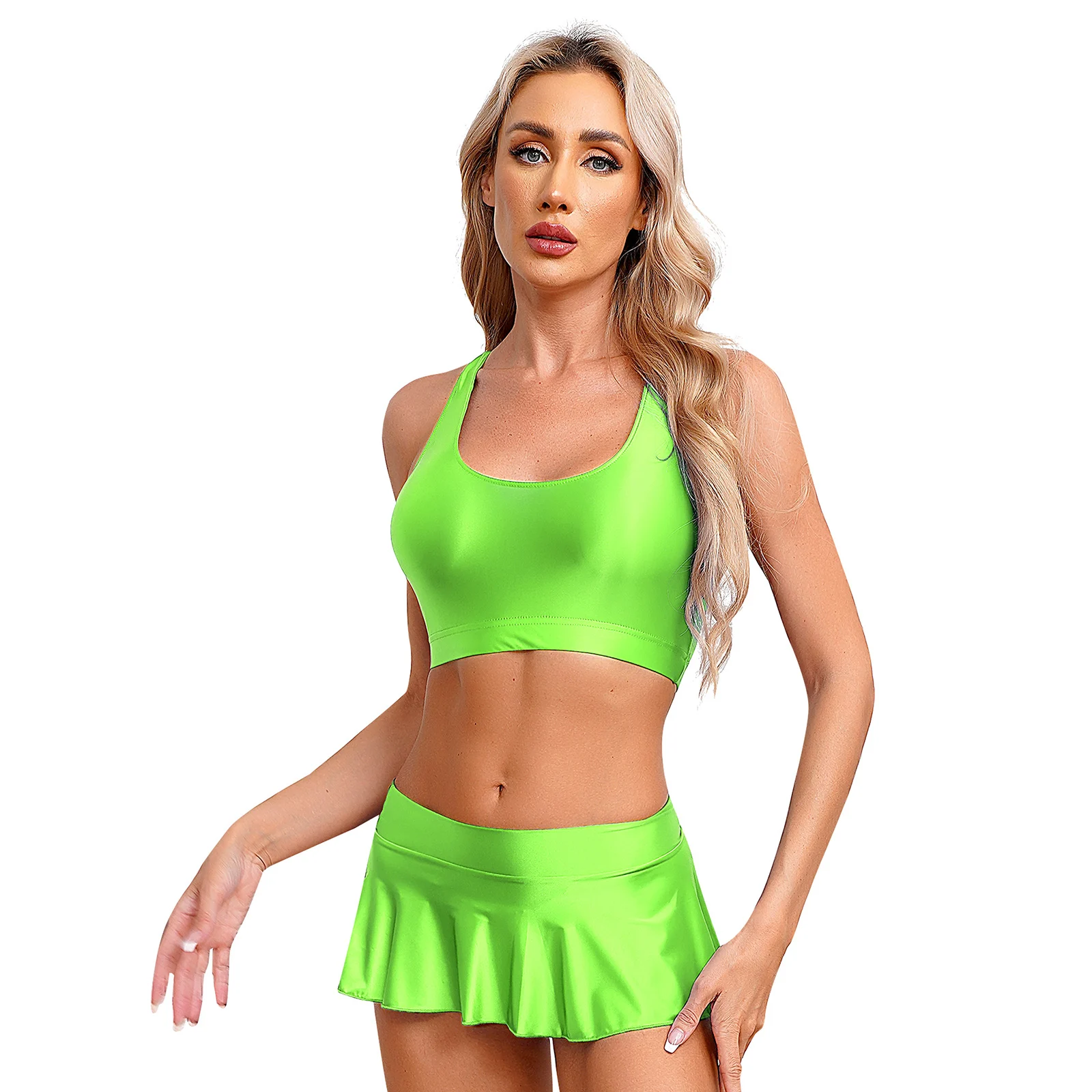 زي الرقص القطب للنساء ، لامعة U الرقبة تانك القمم ، بلا أكمام سترة ، تكدرت Miniskirt مجموعة للحزب ونادي الشاطئ ، اللياقة البدنية الرياضية