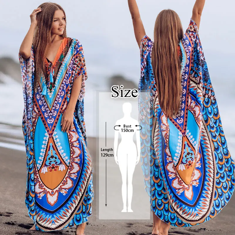 Elegancka długa damska osłona do Bikini w stylu Boho Kaftan Retro oversized strój letni odzież strój plażowy strój kąpielowy Q1490