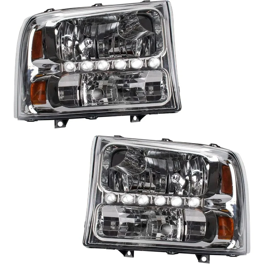 

Комплект из двух фаров в сборе с эффективными светодиодными дневными ходовыми огнями и хромированной рамкой для водителя и пассажиров.