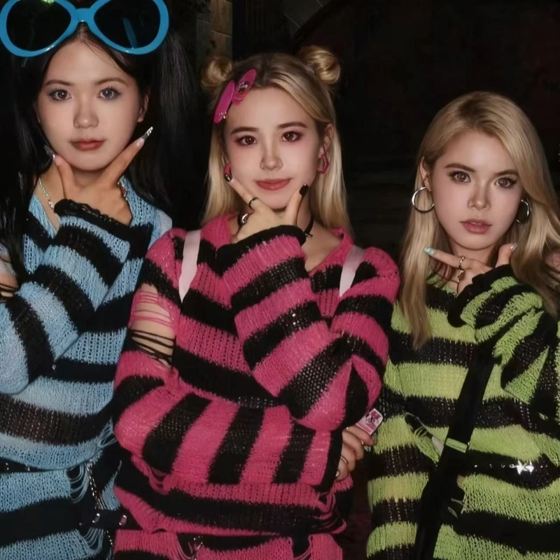 

Новый женский свитер оверсайз в стиле панк-готика, полосатый, с вырезами, в стиле Харадзюку, весна-осень