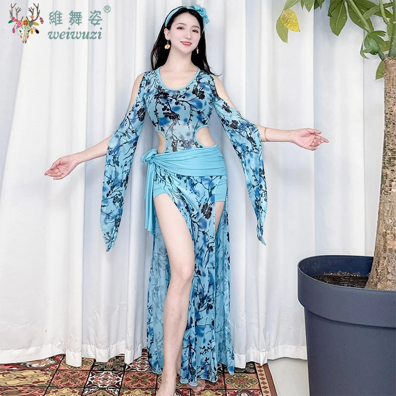 Belly Dance Performance Costumes Women's Advanced Printed Mesh Robe+hip Scarf +Headbands Adult Saidi Shabbi Baladi Clothing