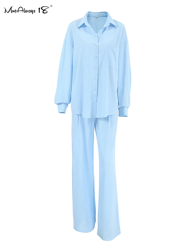 Mnealways18-Ensemble deux pièces décontracté en coton et lin pour femme, tenue de bureau plissée, surdimensionnée, bleu, été, automne, 2024