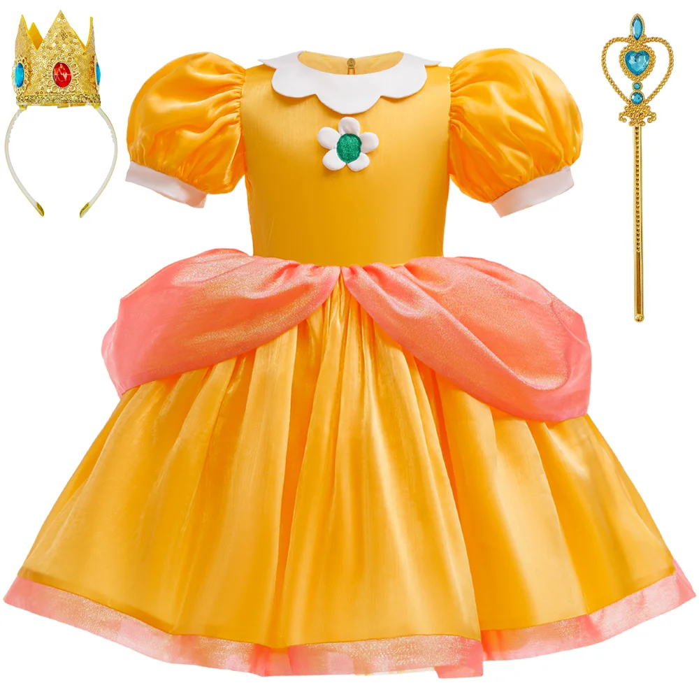 yellow Princess Dress for Girls Fancy performance Costume earing Crown Children Birthday Party Carnival Children's outfit