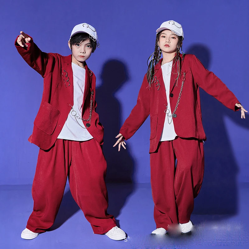 Trajes rojos sueltos de Hiphop para niñas, trajes de baile de Jazz, baile de salón, baile de Hip Hop, ropa de calle, DQS12244, 2023