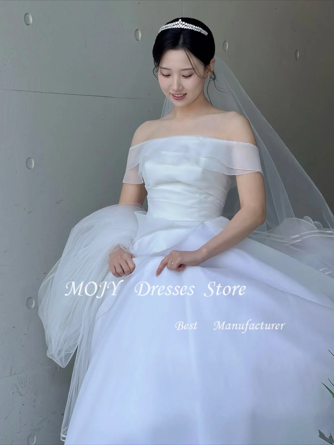 Mojy مخصص الكورية ألف خط مشد الطية الطابق طول فساتين الزفاف المفاجئة الزفاف فستان الزفاف كوريا تبادل لاطلاق النار الصورة الأورجانزا #2