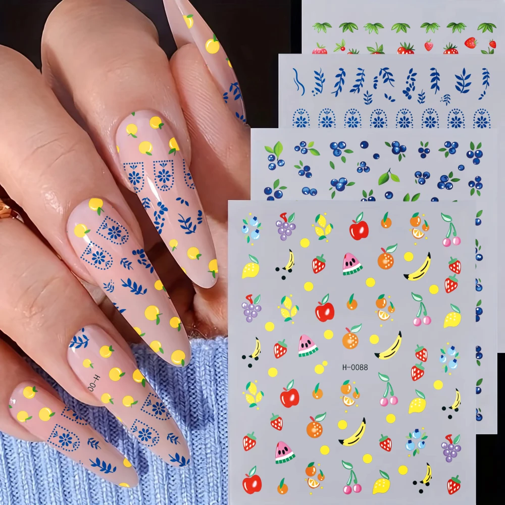 4 Sheets 3D Blueberry Strawberry Lemon Fruit Nail Stickers, Summer Picnic Style Self-Adhesive Nail Decals, DIY Manicure Sliders