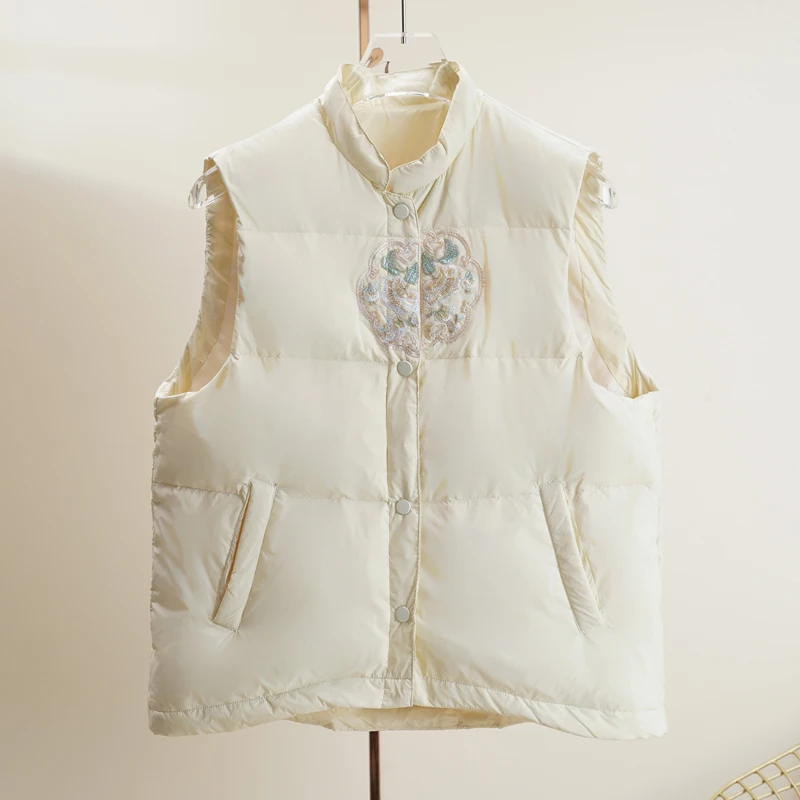 

New 2024 Original National Sle Embroidered down Vest White Du Feather Warmth No Sve Large Size Vest Jaet
