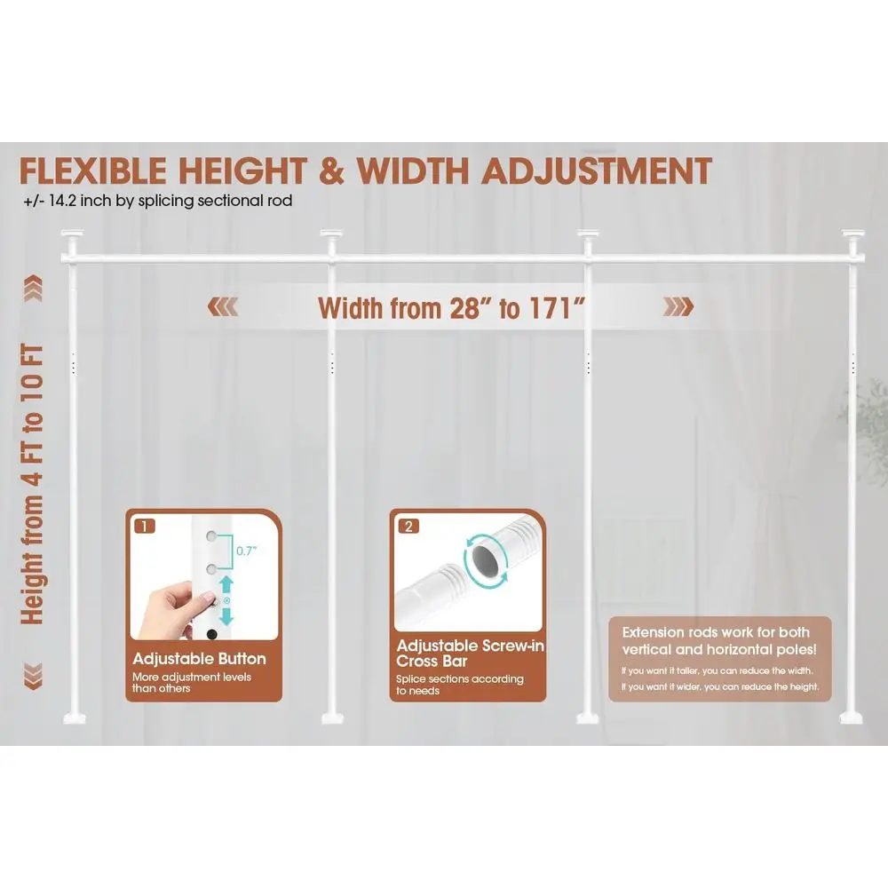Adjustable White Room Divider Curtain Rod, 28-171in Width, 4-10ft Height, No-Drill Partition Separator