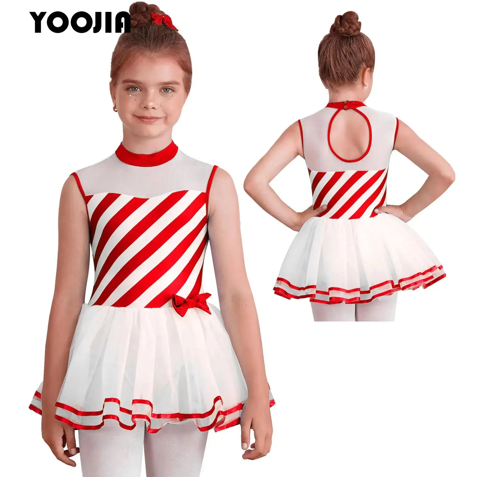 

Christmas Girls Candy Cane Dress Kids Sleeveless Mesh Tulle Skirt Tutu Striped Ballet Dance Dress Figure Skating Leotard Dress