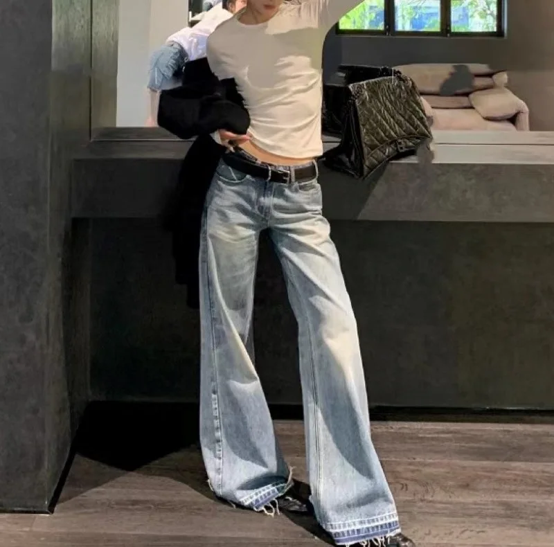 

Women's Micro Flared Jeans Women's Fall Blue Mopping Pants Loose Thin Wide Leg Pants Streetwear Women Y2k Pants Non Strech