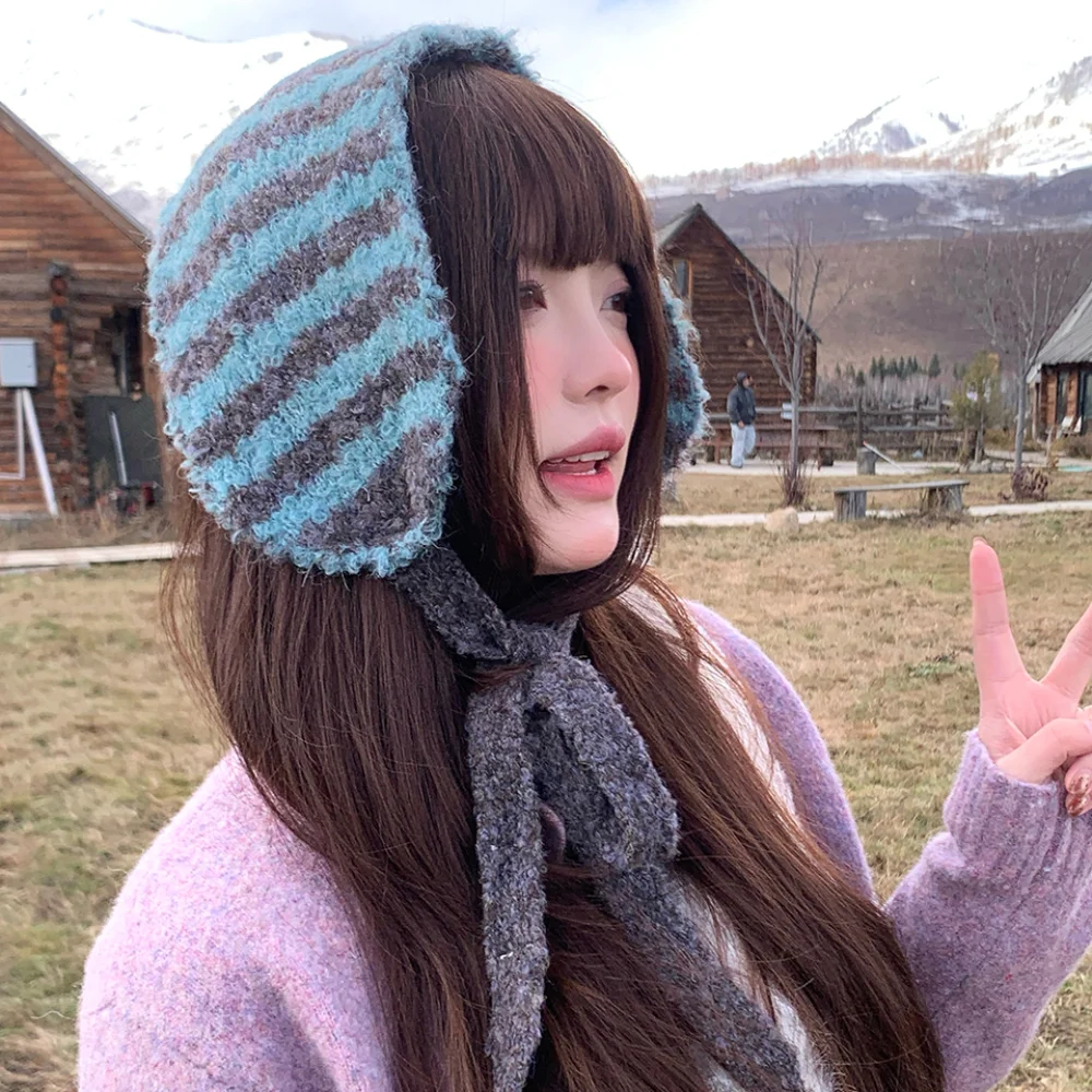 

Versatile Contrasting Stripes Knitted Earmuffs Personality Synthetic Wool Casual Headband Earflag Windproof Trendy
