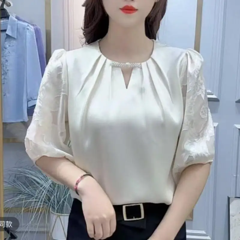 

Women Temperament Urban Fashion Summer Short Sleeve Gauze Round neck nail bead shirt Elegant Women's Ice Silk Blouses