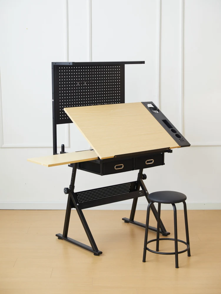 Adjustable Drafting Table And Stool Set Drawing Table With Tiltable Top Metal Perforated Panel 2 Drawers Art And Craft Desk