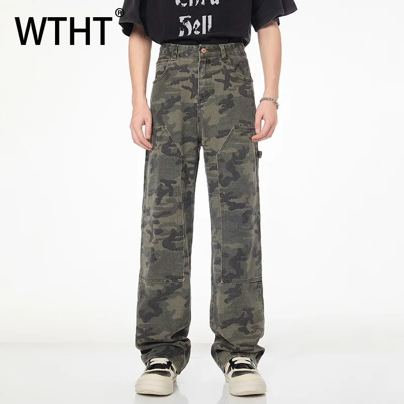 

WTHT винтажные мужские камуфляжные лоскутные свободные дизайнерские джинсовые брюки, мода 2021, осенние прямые джинсы в американском стиле, мужские 2A2316
