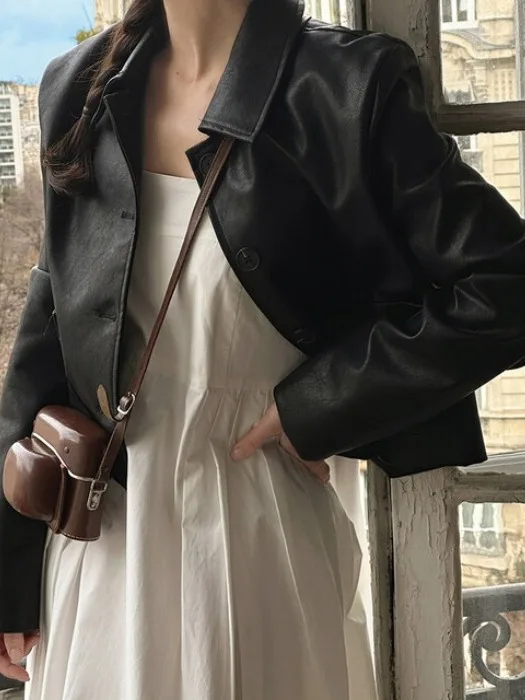 Rétro revers bouton unique cuir Jaet femmes Chic Faion haut de gamme Sensation polyvalent Jaet haut à la mode Long Sve Synthe...